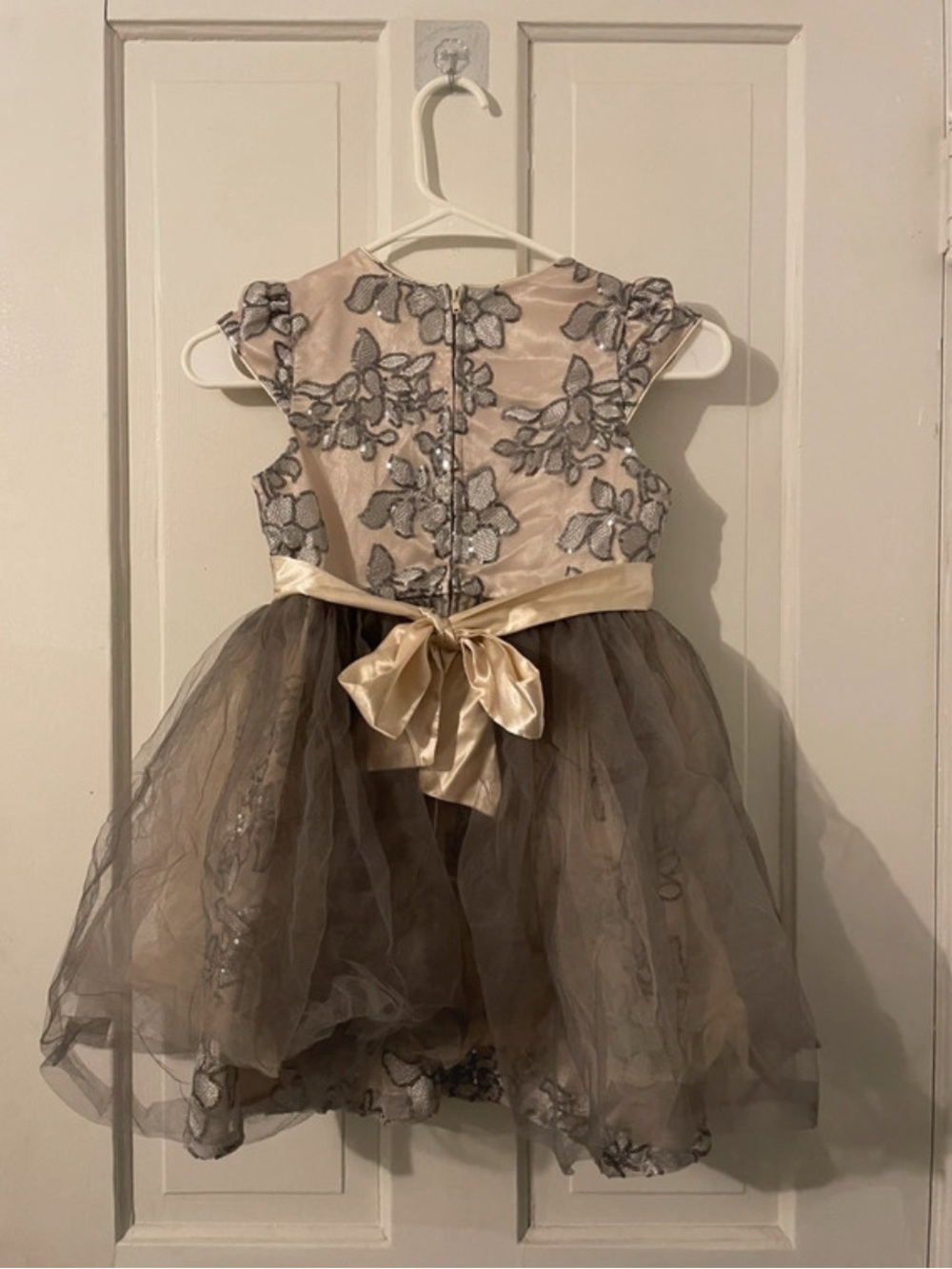 Angel Champagne and Silver Floral Lace Tulle Dress with Jeweled Waist - Picture 2 of 6